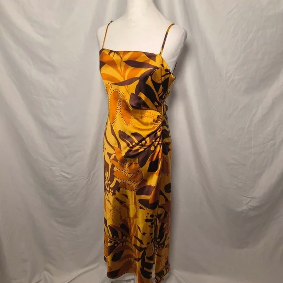 House of Harlow 1960 Ruched Side Satin Slip Coastal Maxi Dress Foliage Print M - Picture 7 of 14